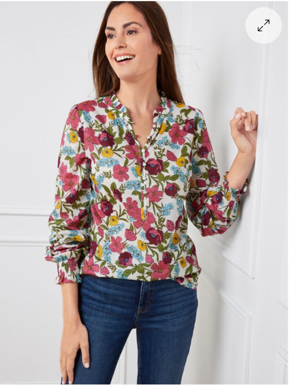 ⭐ Talbots Ruffle Trim Popover Henley in Glass Floral size MP Medium Petite
